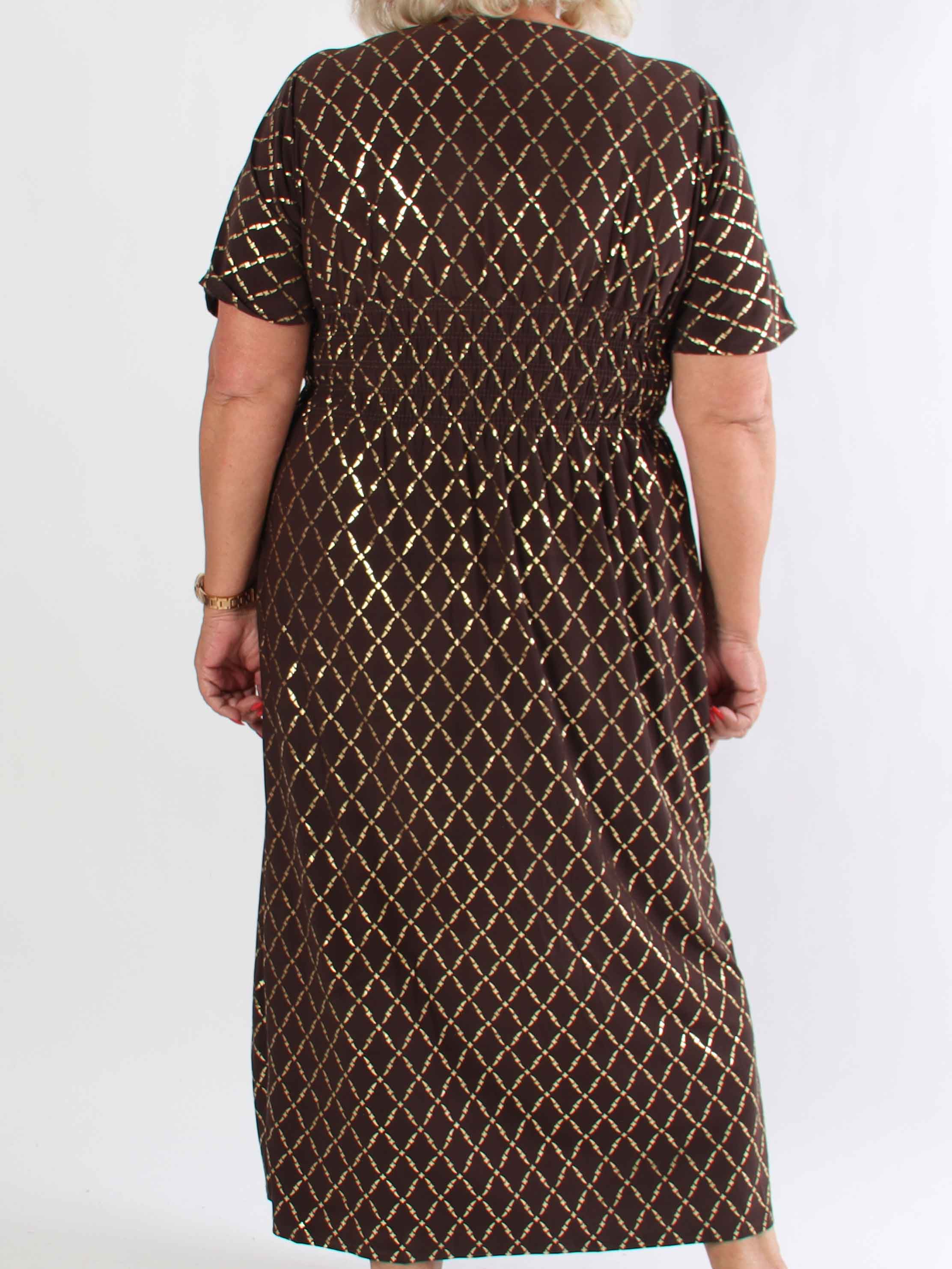 Pams Gold Check - Lang elastisk plus size kjole med guld detaljer
